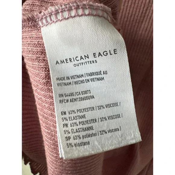 American Eagle Dusty Rose Pink Ribbed Henley Cropped T Shirt Lettuce Hem XS - Picture 9 of 10